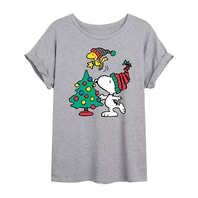 Peanuts Snoopy And Woostock Tree Tee Womens Crew Neck Short Sleeve Graphic T-Shirt