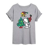 Peanuts Snoopy And Woostock Tree Tee Womens Crew Neck Short Sleeve Graphic T-Shirt