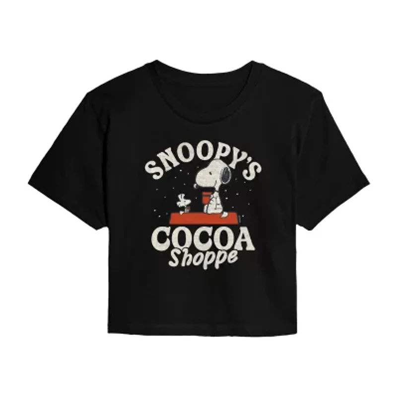 Peanuts Snoopy Cocoa Shoppe Cropped Tee Womens Crew Neck Short Sleeve Graphic T-Shirt