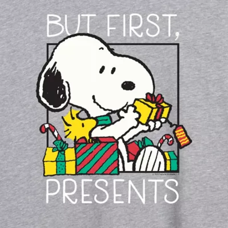 Peanuts Snoopy But First Presents Tee Womens Crew Neck Short Sleeve Graphic T-Shirt