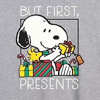 Peanuts Snoopy But First Presents Tee Womens Crew Neck Short Sleeve Graphic T-Shirt
