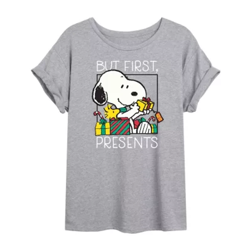 Peanuts Snoopy But First Presents Tee Womens Crew Neck Short Sleeve Graphic T-Shirt