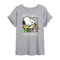 Peanuts Snoopy But First Presents Tee Womens Crew Neck Short Sleeve Graphic T-Shirt