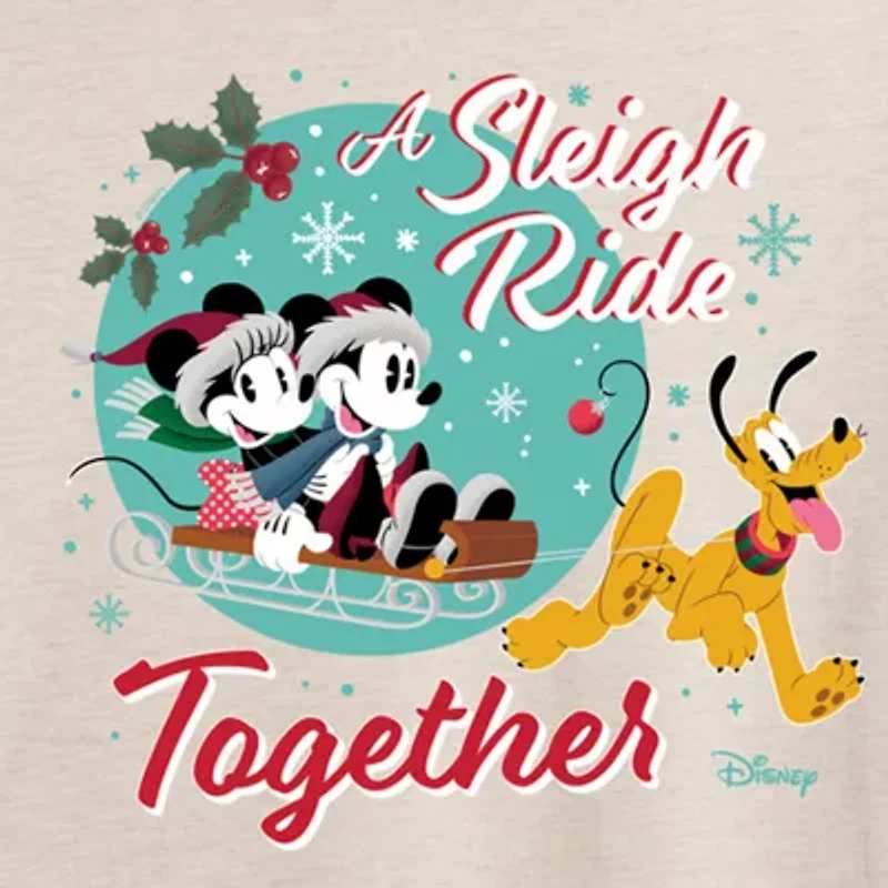 Mickey and Minnie Sleigh Ride Tee Womens Crew Neck Short Sleeve Friends Graphic T-Shirt