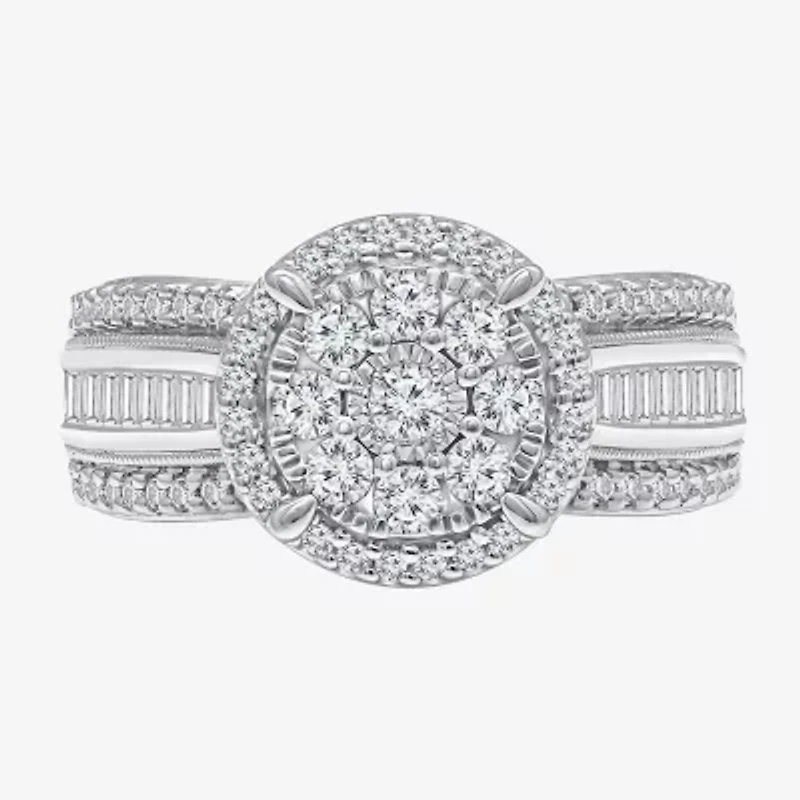 I-J / I2-I3 Womens 1 CT. T.W. Natural White Diamond 10K Gold Pear Side Stone Halo Engagement Ring