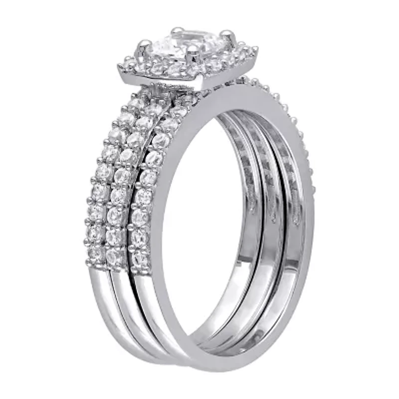 Modern Bride Gemstone Womens Diamond Accent Lab Created White Sapphire Sterling Silver Cushion Halo Bridal Set
