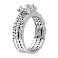 Modern Bride Gemstone Womens Diamond Accent Lab Created White Sapphire Sterling Silver Cushion Halo Bridal Set