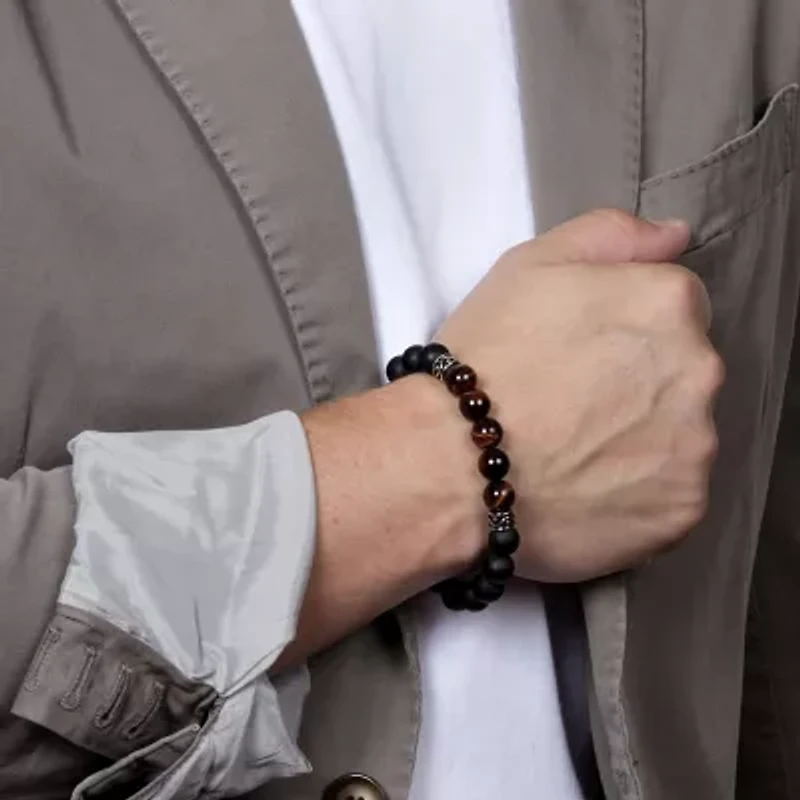 Mens Black Agate Sterling Silver Beaded Bracelet