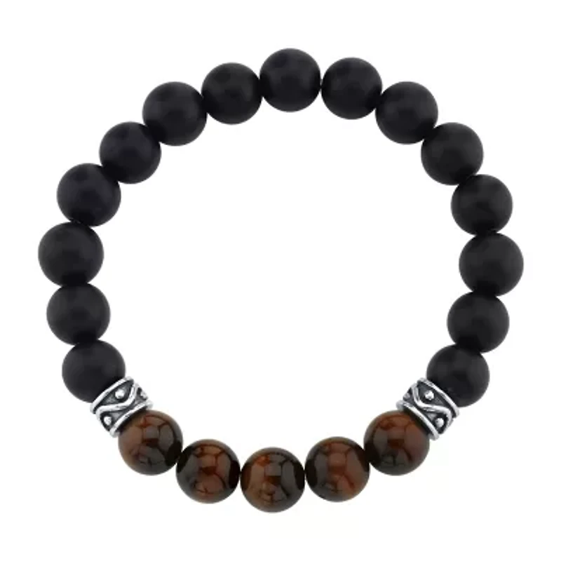 Mens Black Agate Sterling Silver Beaded Bracelet