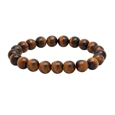 Mens Genuine Brown Tiger's Eye Stainless Steel Beaded Bracelet