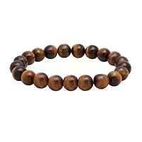 Mens Genuine Brown Tiger's Eye Stainless Steel Beaded Bracelet