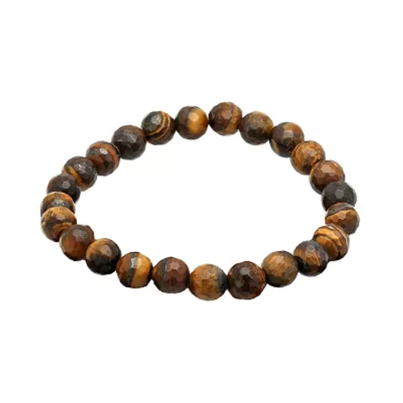 Mens Genuine Brown Tiger's Eye Stainless Steel Beaded Bracelet