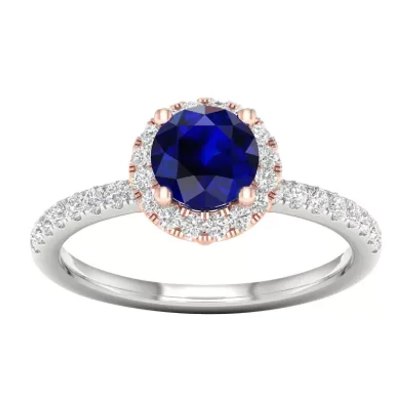 Modern Bride Gemstone Womens 1/3 CT. T.W. Genuine Blue Sapphire 10K Rose Gold Round Side Stone Halo Engagement Ring