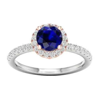 Modern Bride Gemstone Womens 1/3 CT. T.W. Genuine Blue Sapphire 10K Rose Gold Round Side Stone Halo Engagement Ring