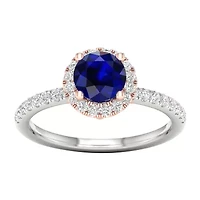 Modern Bride Gemstone Womens 1/3 CT. T.W. Genuine Blue Sapphire 10K Rose Gold Round Side Stone Halo Engagement Ring