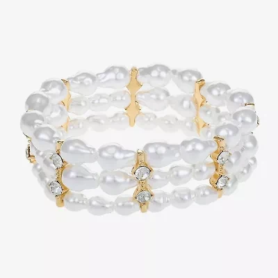 Bijoux Bar Gold Tone Womens Glass Simulated Pearl Stretch Bracelet