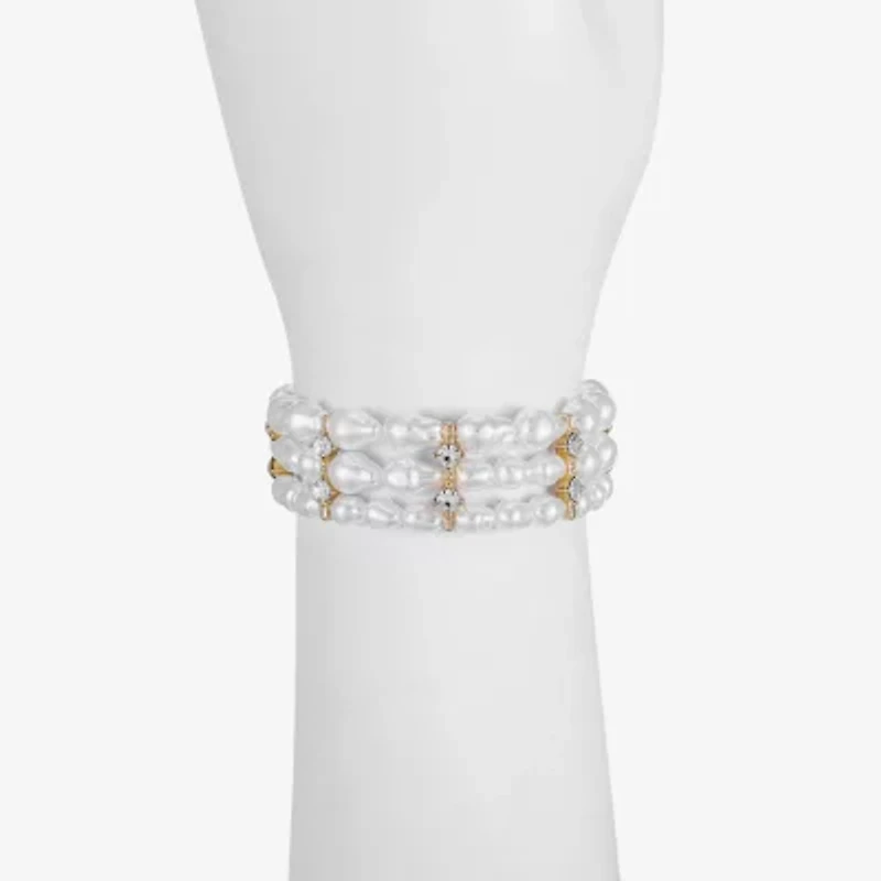 Bijoux Bar Gold Tone Womens Glass Simulated Pearl Stretch Bracelet