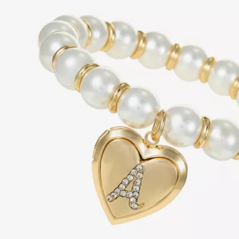 Monet Jewelry Gold Tone Initial Womens Glass Simulated Pearl Heart Stretch Bracelet
