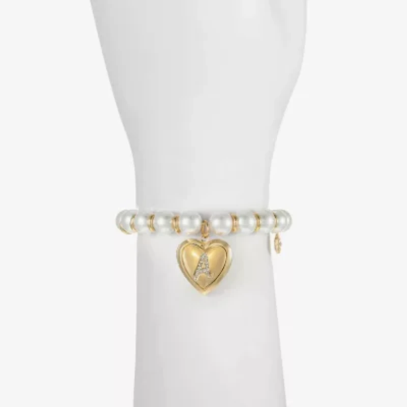 Monet Jewelry Gold Tone Initial Womens Glass Simulated Pearl Heart Stretch Bracelet