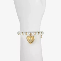 Monet Jewelry Gold Tone Initial Womens Glass Simulated Pearl Heart Stretch Bracelet