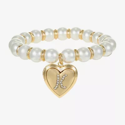 Monet Jewelry Gold Tone Initial Womens Glass Simulated Pearl Heart Stretch Bracelet