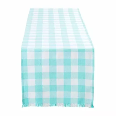 Design Imports Aqua Heavyweight Check Fringed Table Runner