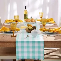 Design Imports Aqua Heavyweight Check Fringed Table Runner