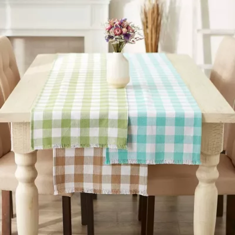 Design Imports Aqua Heavyweight Check Fringed Table Runner