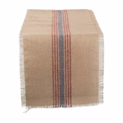 Design Imports French Blue / Barn Red Middle Stripe Burlap Table Runner