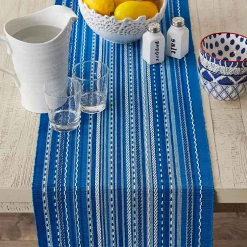 Design Imports Blue Tonal Stripe With Fringe Table Runner