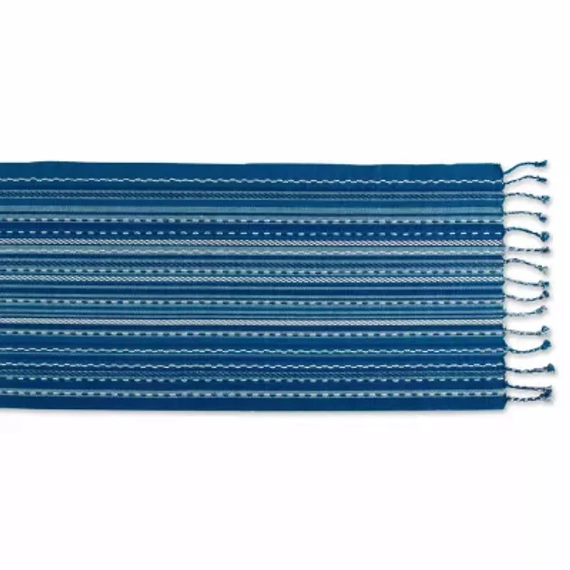 Design Imports Blue Tonal Stripe With Fringe Table Runner