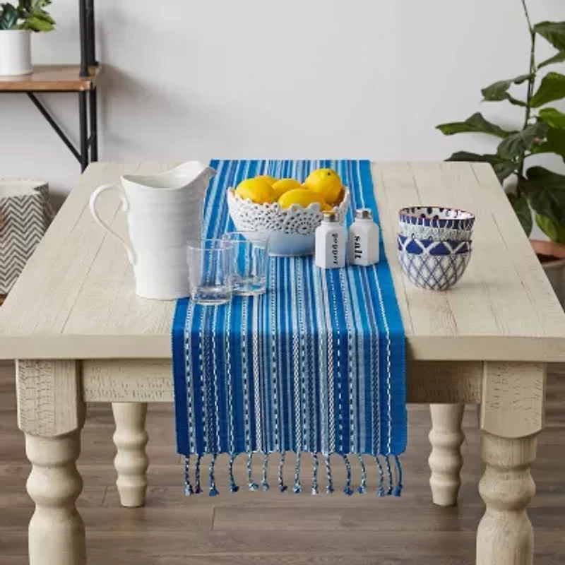 Design Imports Blue Tonal Stripe With Fringe Table Runner