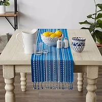 Design Imports Blue Tonal Stripe With Fringe Table Runner