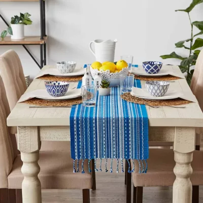 Design Imports Blue Tonal Stripe With Fringe Table Runner