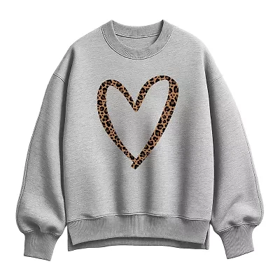 Leopard Heart Womens Crew Neck Long Sleeve Pullover Sweater
