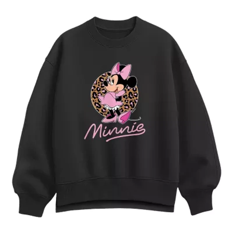 Minnie Leopard Print Womens Crew Neck Long Sleeve Mouse Pullover Sweater