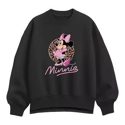Minnie Leopard Print Womens Crew Neck Long Sleeve Mouse Pullover Sweater