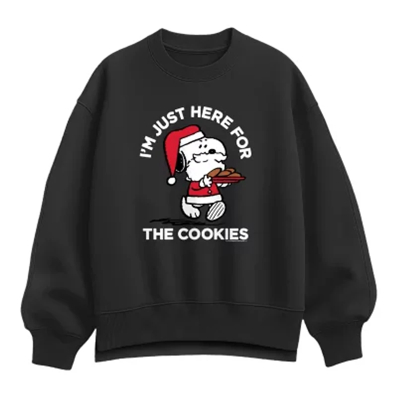 Here For The Cookies Womens Crew Neck Long Sleeve Snoopy Pullover Sweater