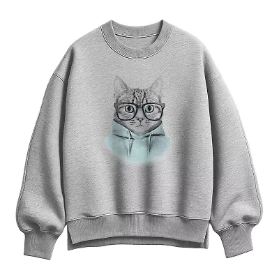 Hipster Cat Womens Crew Neck Long Sleeve Pullover Sweater