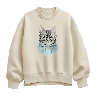 Hipster Cat Womens Crew Neck Long Sleeve Pullover Sweater