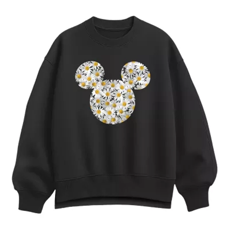Mickey Head Daisies Womens Crew Neck Long Sleeve Mouse Pullover Sweater