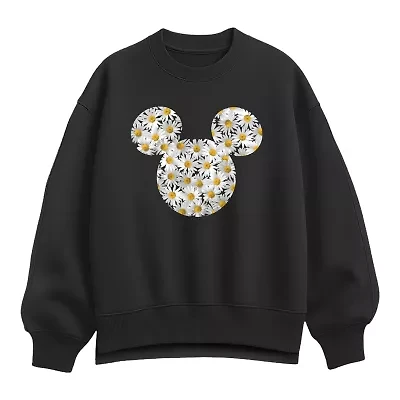 Mickey Head Daisies Womens Crew Neck Long Sleeve Mouse Pullover Sweater