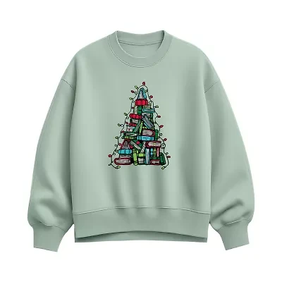 Book Christmas Tree Womens Crew Neck Long Sleeve Pullover Sweater