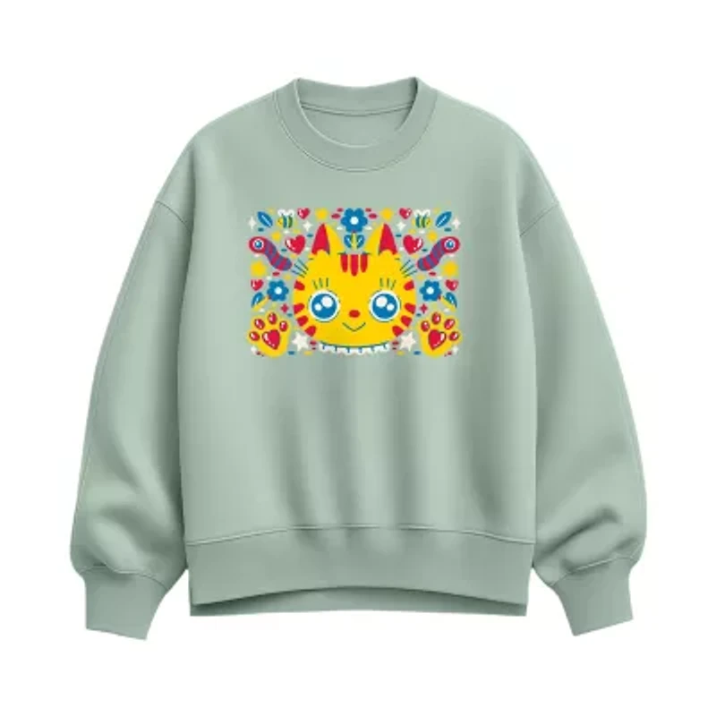 Cat Flower Doodle Womens Crew Neck Long Sleeve Pullover Sweater