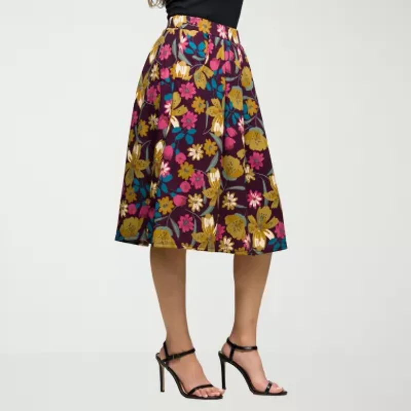 24seven Comfort Apparel Womens Stretch Fabric Mid Rise Midi Pleated Skirt