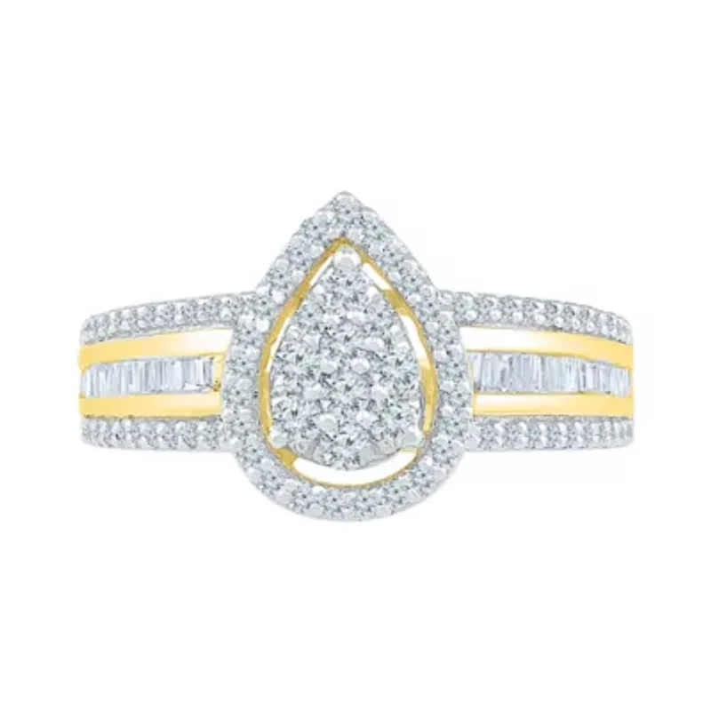 Womens 3/4 CT. T.W. Natural White Diamond 10K Gold Pear Cluster Halo Cocktail Ring