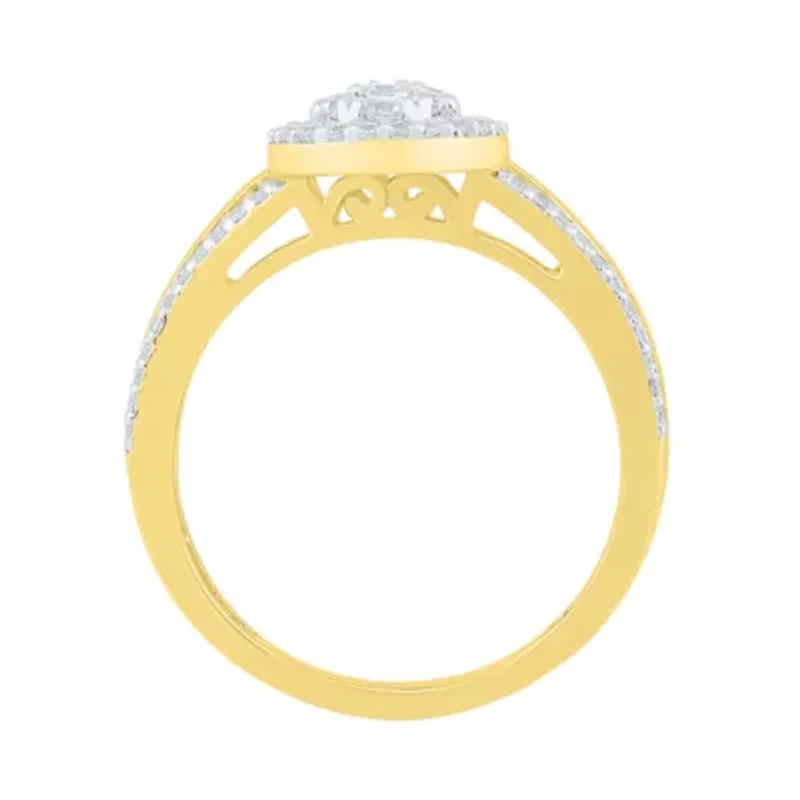 Womens 3/4 CT. T.W. Natural White Diamond 10K Gold Pear Cluster Halo Cocktail Ring