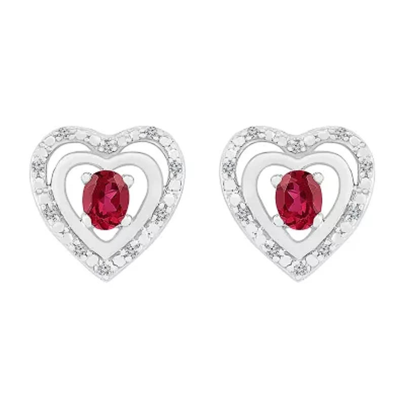 Diamond Accent Lab Created Red Ruby Sterling Silver 11mm Heart Stud Earrings