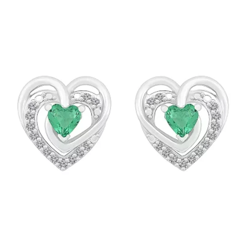 Lab Created Green Emerald Sterling Silver 12mm Heart Stud Earrings