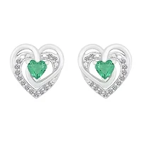 Lab Created Green Emerald Sterling Silver 12mm Heart Stud Earrings